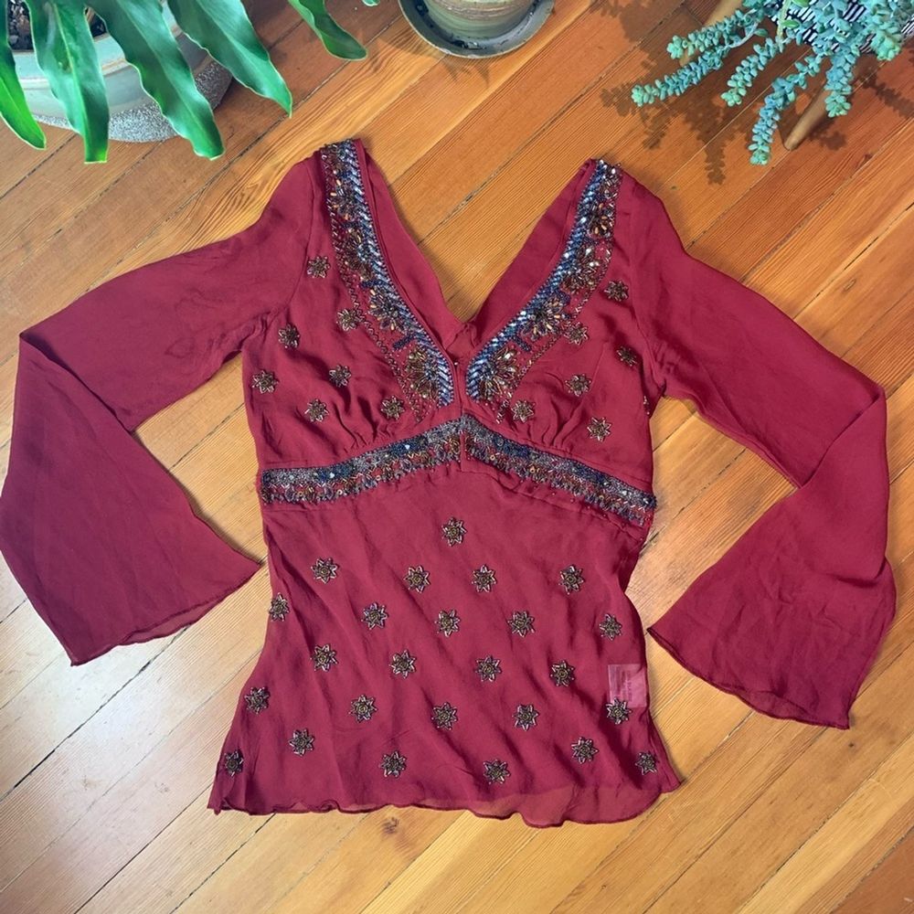 Vintage Red Sheer 90s y2k Silk Beaded Top